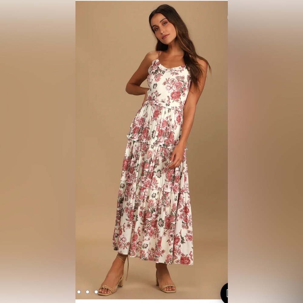 NWT Lulus Rooting for Romance Cream Floral Print Tiered Maxi Dress